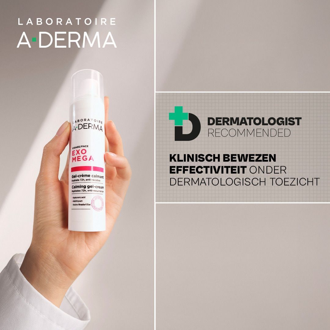 A-Derma Exomega gel-crème in de hand, aanbevolen door dermatologen, klinisch bewezen effectiviteit.
