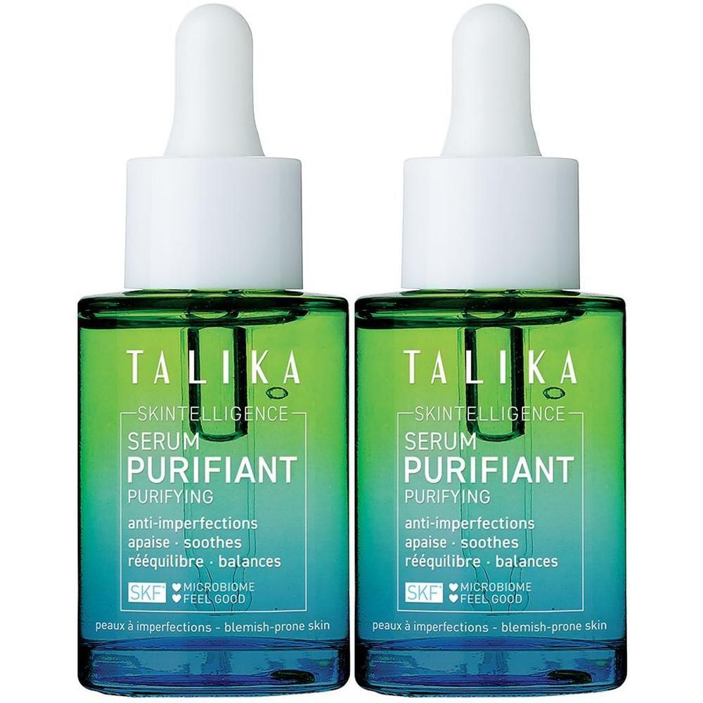 Twee flacons Talika Skin Intelligence Sérum Purifiant met druppelaars. Groene en blauwe kleurverlopen op de flacons.