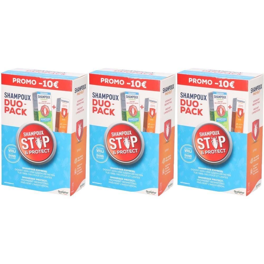 Drie verpakkingen Shampoux Duo-Pack met "Stop & Protect"-logo. Promoverpakking met €10 korting.