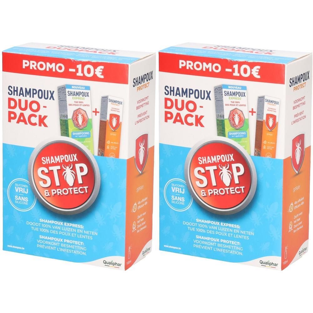 Twee Shampoux Duo Pack verpakkingen met "Stop & Protect" opschrift en een luizen-symbool.