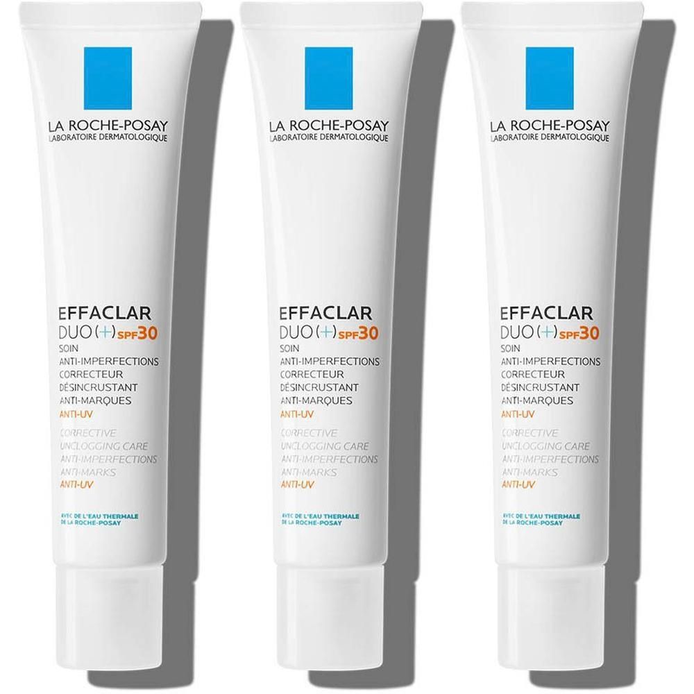 Trois tubes La Roche-Posay Effaclar Duo+ SPF30 avec protection anti-UV.