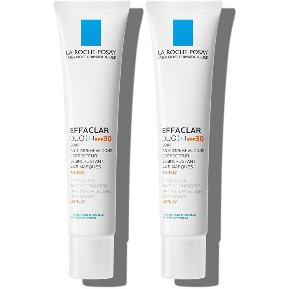 Twee tubes La Roche-Posay Effaclar Duo+ SPF30, corrigerende verzorging tegen onzuiverheden en vlekken.