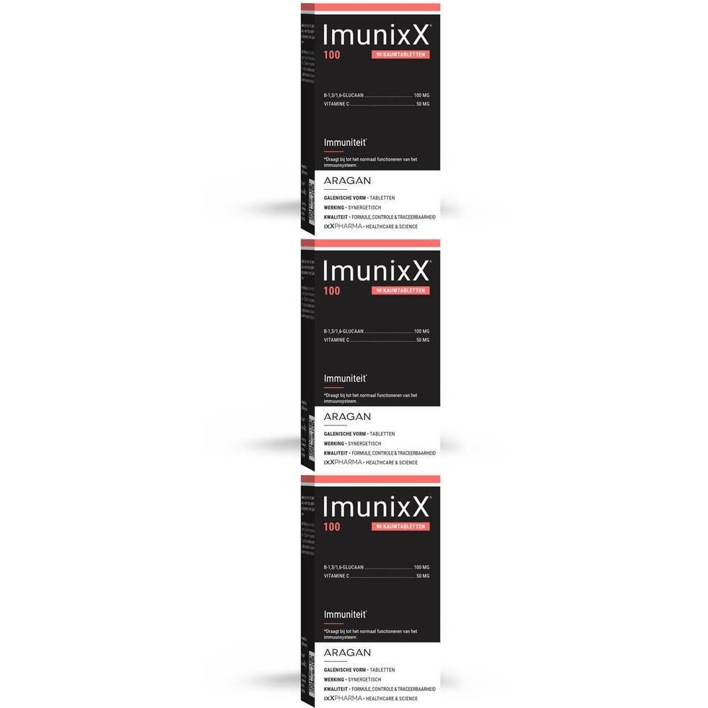 Drie verpakkingen ImunixX 100, een voedingssupplement.