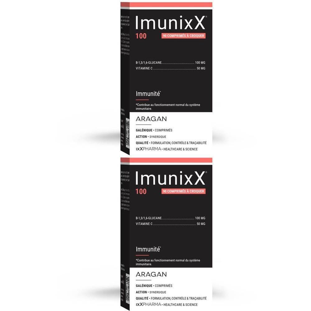 Deux boîtes d'ImunixX 100, chacune contenant 30 comprimés avec Bêta-Glucane et Vitamine C.