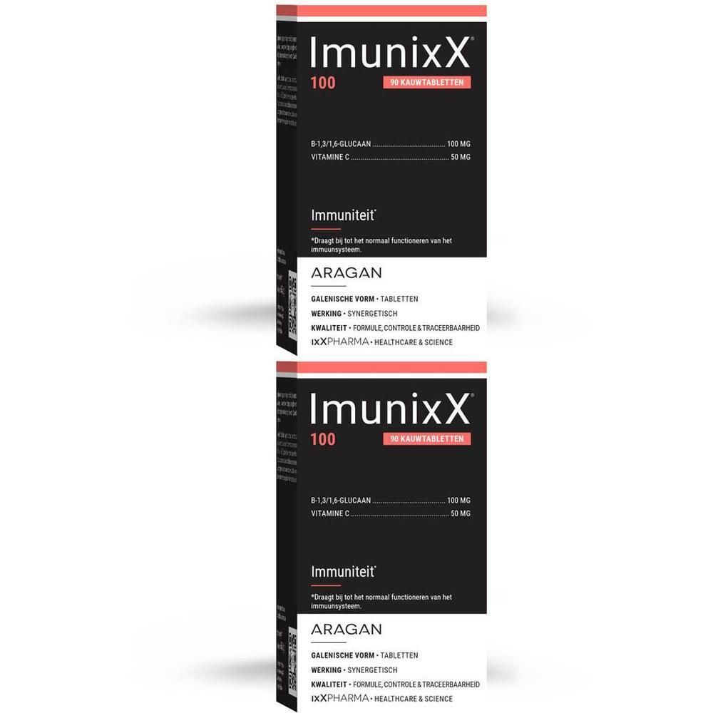 Twee verpakkingen ImunixX 100, elk met 30 tabletten met Beta-Glucaan en Vitamine C.