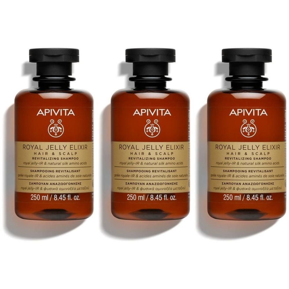 Trois bouteilles de shampooing revitalisant Apivita Royal Jelly Elixir, 250 ml.