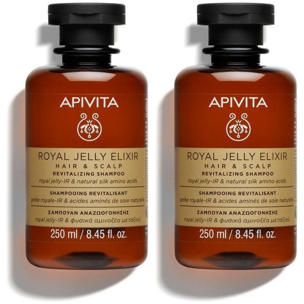 Twee flessen APIVITA Royal Jelly Elixir revitaliserende shampoo, 250 ml.