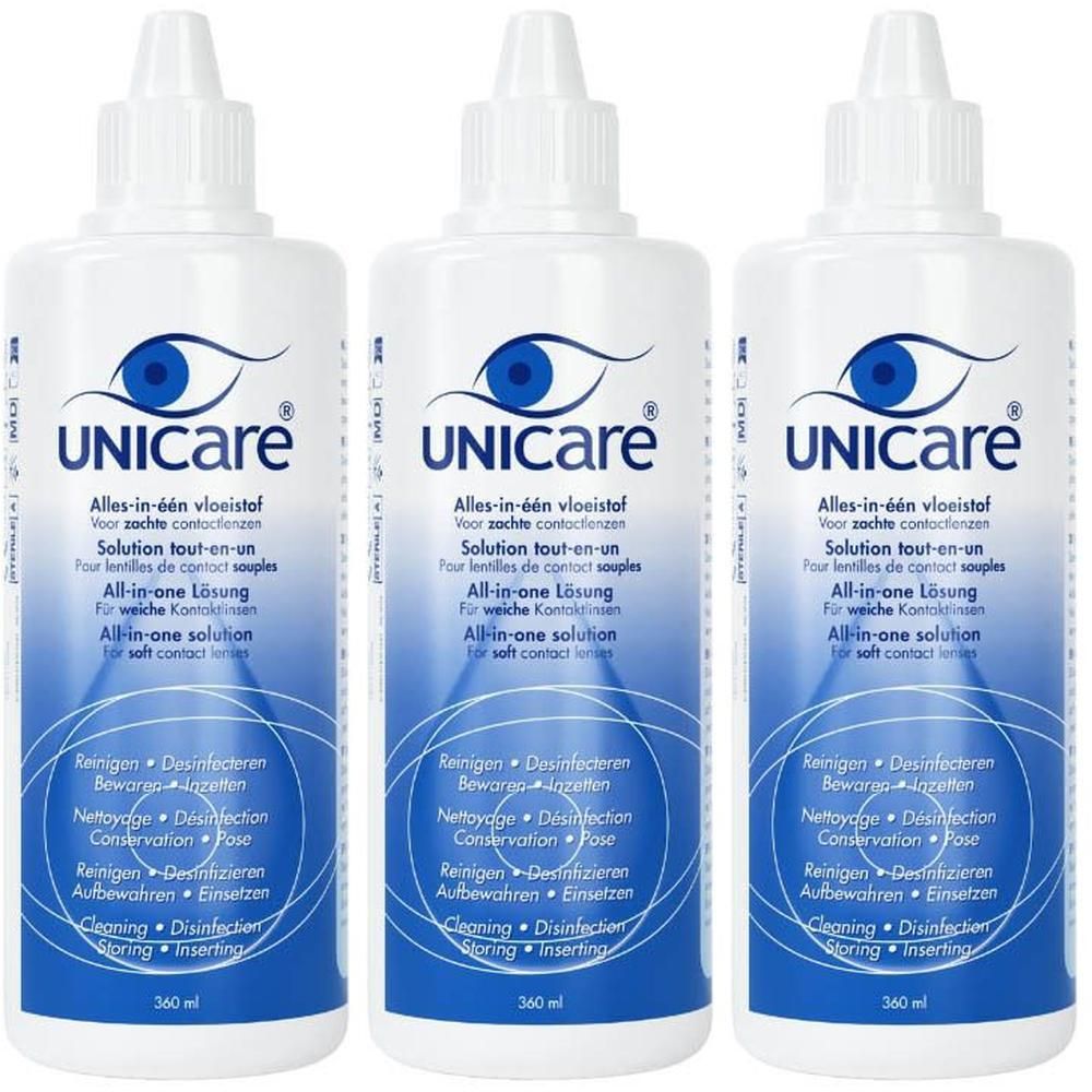 Trois flacons de solution tout-en-un Unicare pour lentilles souples, 360 ml chacun.