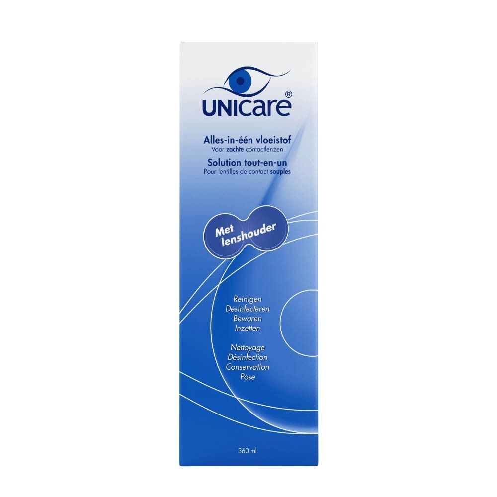 Verpakking van Unicare Alles-in-één vloeistof voor zachte contactlenzen, 360 ml, met lenshouder.