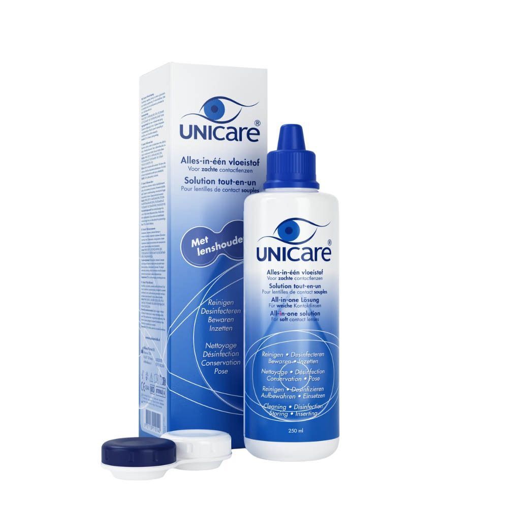 Unicare Alles-in-één vloeistof (360 ml) met lenshouder en dop, klaar voor gebruik.