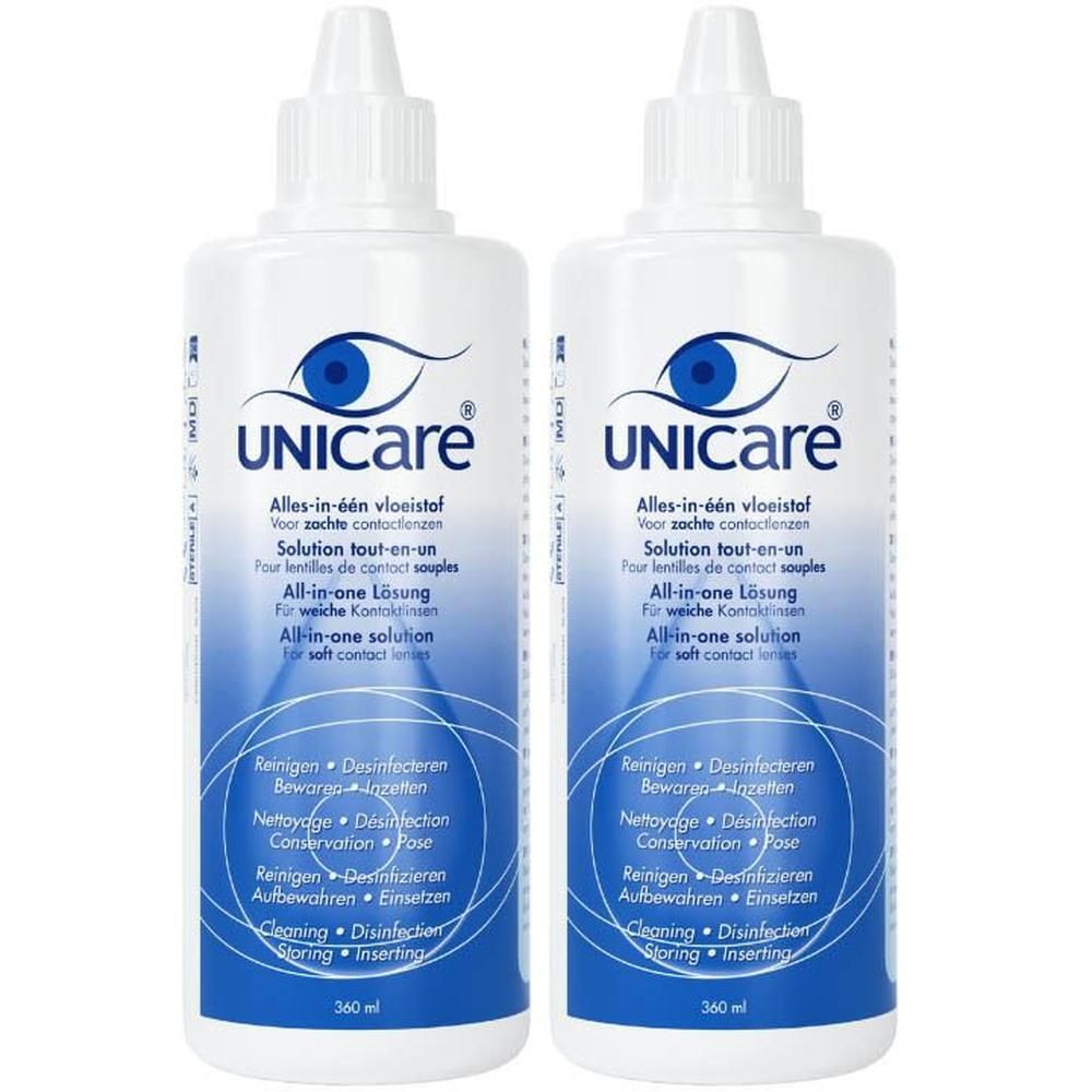 Deux flacons de solution tout-en-un Unicare pour lentilles souples, 360 ml chacun.