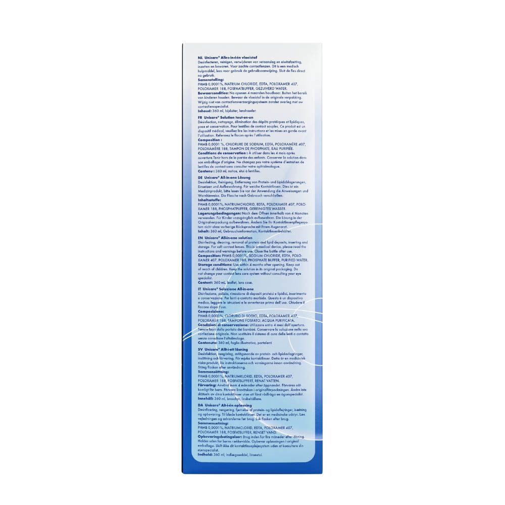Côté de l'emballage de la solution tout-en-un Unicare avec informations détaillées sur le produit.