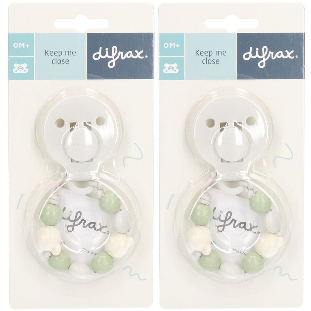 Deux attaches-sucette Difrax avec sucette blanche et perles vertes et blanches.