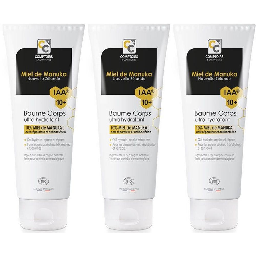 Drie tubes Comptoirs & Compagnies Body Butter met Manuka Honing 10% IAA.