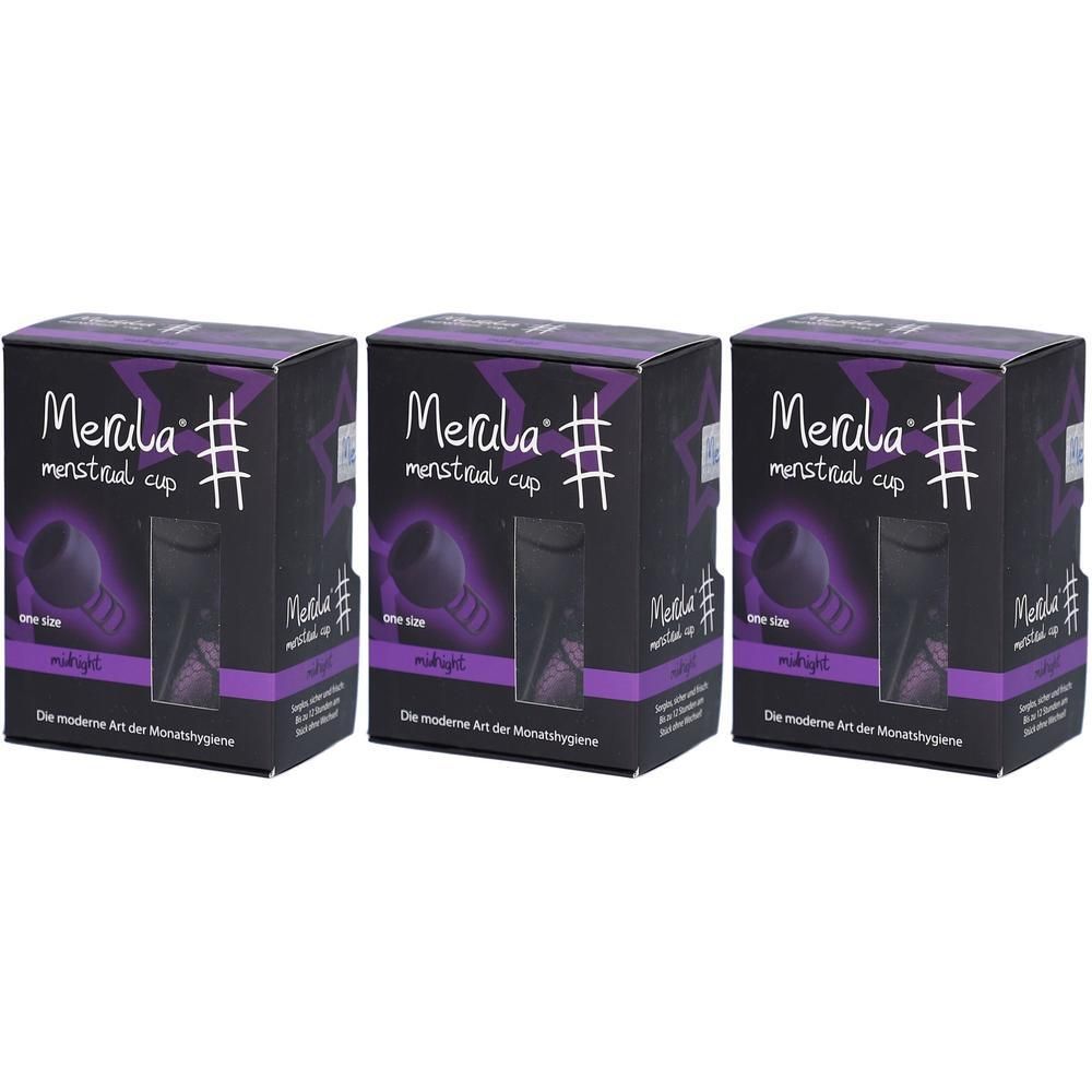 Trois boîtes de coupe menstruelle Merula Noir minuit. Chaque boîte présente une image de la coupe.