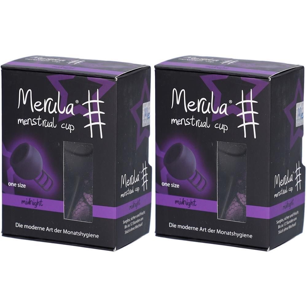 Twee Merula menstruatiecups in middernachtzwart, "one size" op de verpakking.
