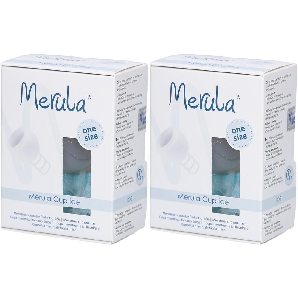 Deux coupes menstruelles Merula Cup Ice, taille unique, en emballage.