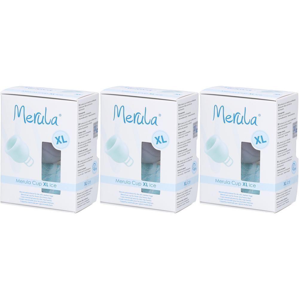 Drie verpakkingen Merula Cup XL Ice menstruatiecup ijsblauw.