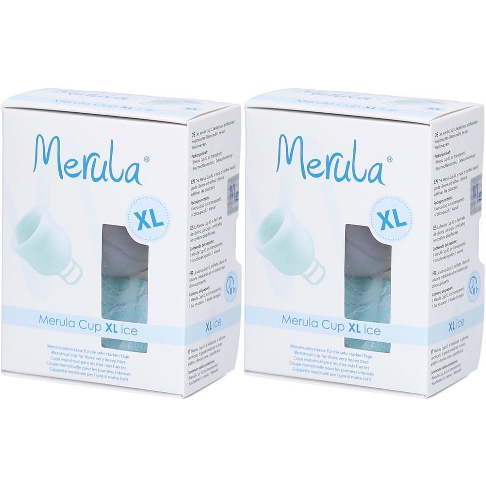 Deux paquets Merula Cup XL Ice. Coupe menstruelle bleu clair taille XL.