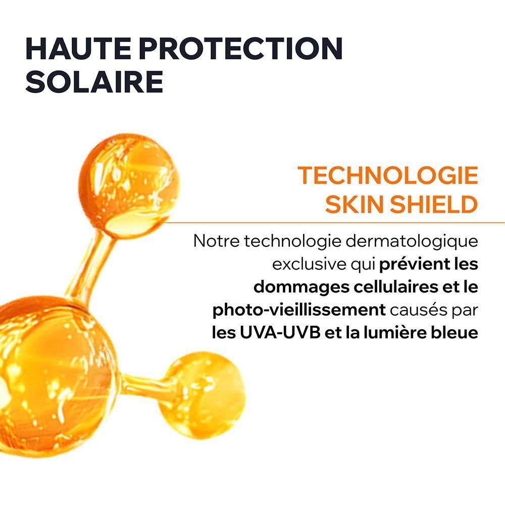 Protection solaire Uriage: Technologie Skin Shield protège des UVA/UVB et lumière bleue.