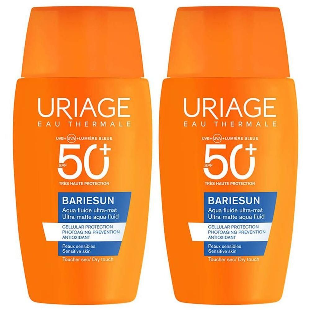 Deux flacons de Uriage Bariésun Aqua Fluide Ultra-mat SPF50+ protection solaire.