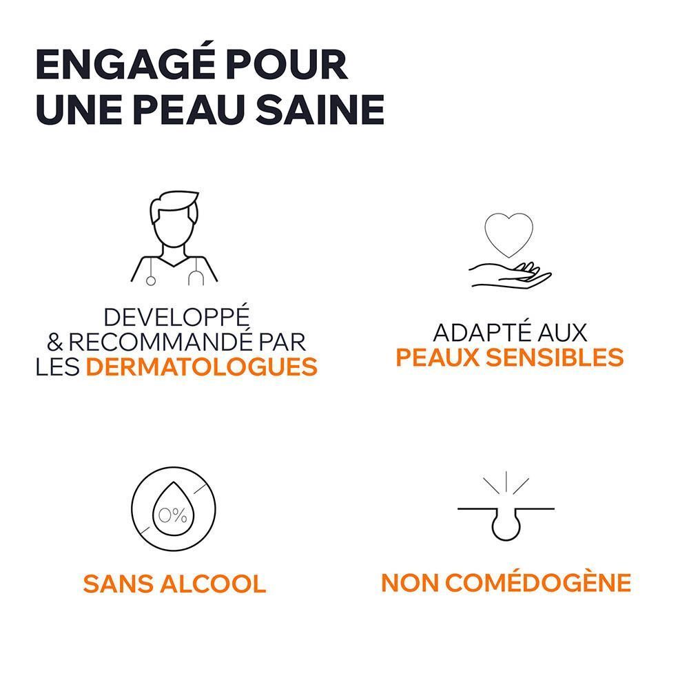 Uriage : Développé par des dermatologues, pour peaux sensibles, sans alcool, non comédogène.