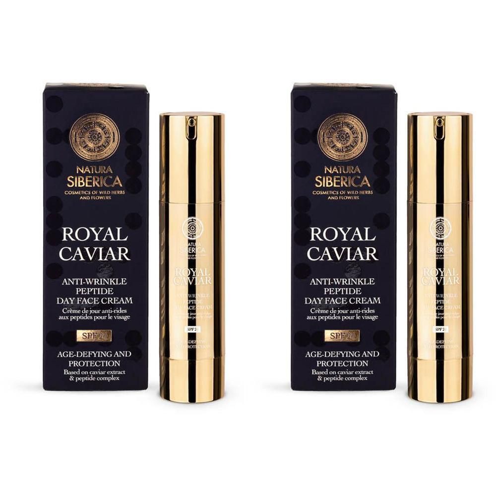 Twee flacons Royal Caviar Anti-Wrinkle Peptide Day Face Cream SPF20 met verpakking.