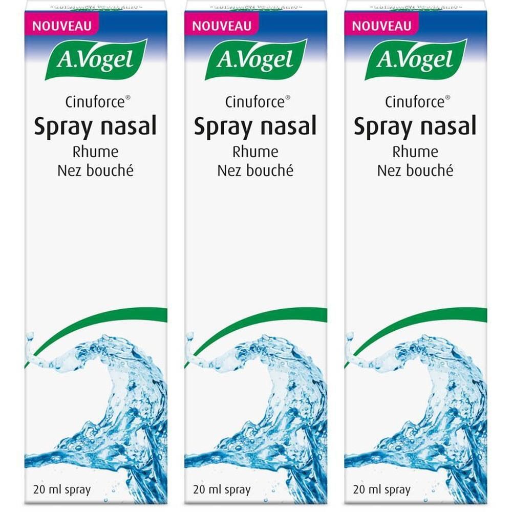 Trois boîtes de spray nasal A.Vogel Cinuforce avec motif de vague.