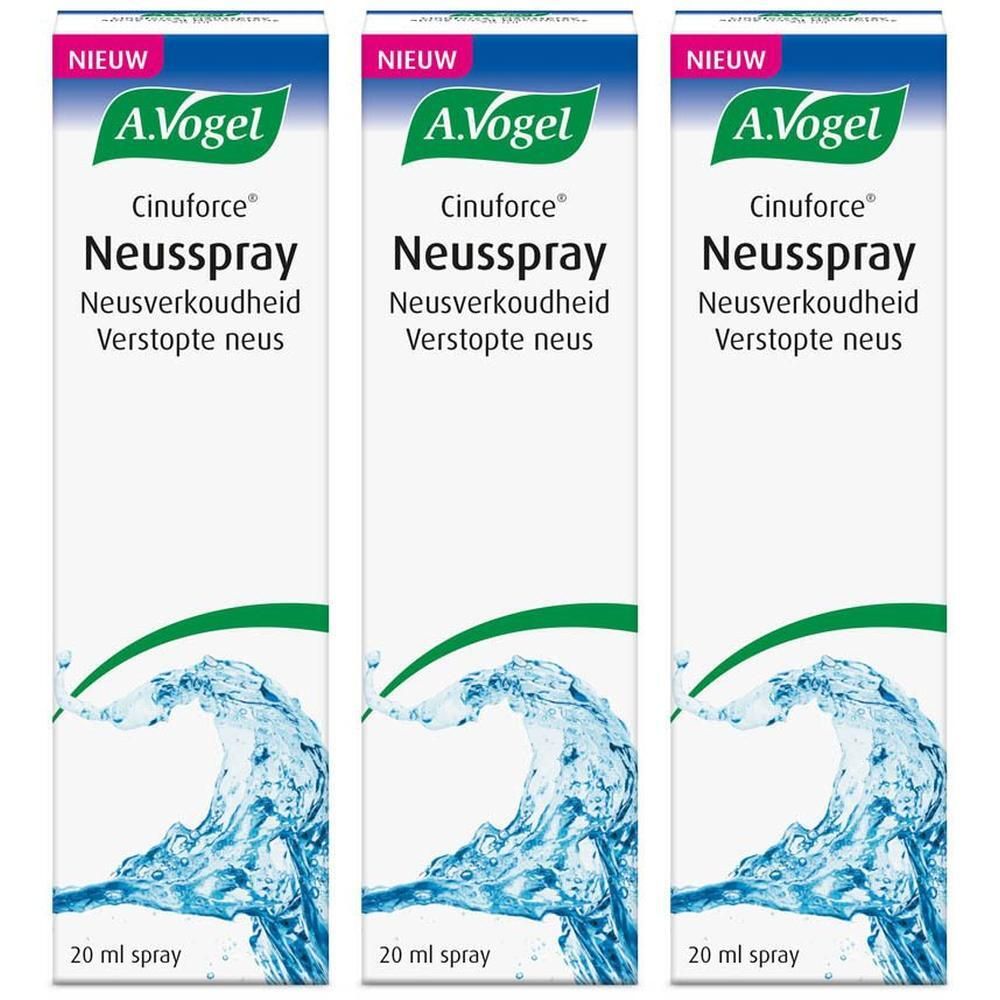 Drie verpakkingen A.Vogel Cinuforce neusspray met golfpatroon.