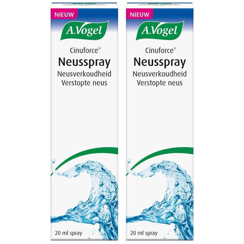 Twee verpakkingen A.Vogel Cinuforce Neusspray tegen verkoudheid en verstopte neus.