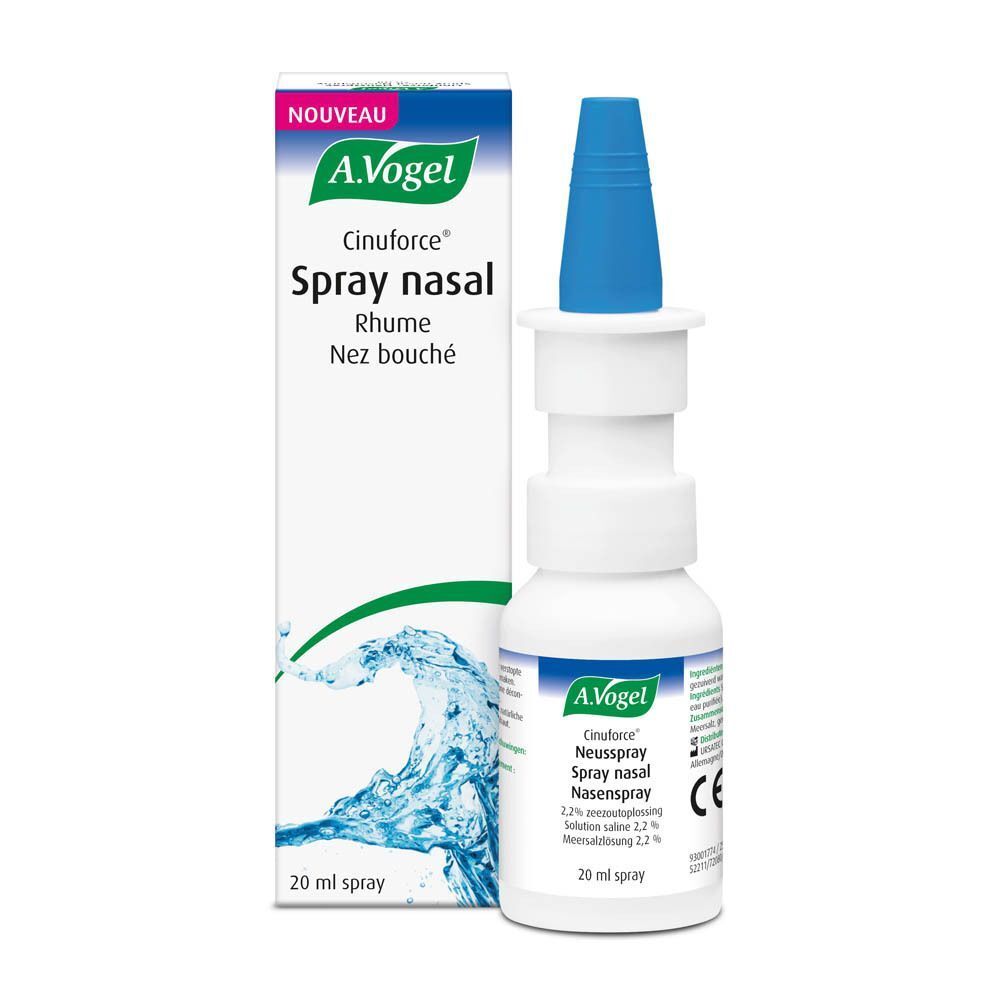 Flacon et emballage du spray nasal A.Vogel Cinuforce pour rhume et nez bouché.