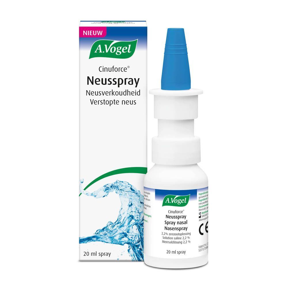 Flesje en verpakking A.Vogel Cinuforce Neusspray voor verkoudheid en verstopte neus.