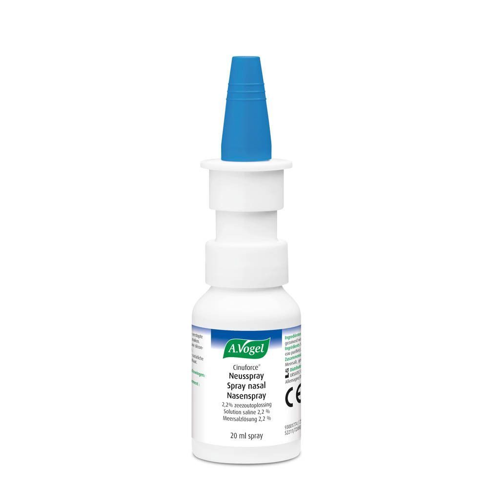 Flacon de spray nasal A.Vogel Cinuforce avec applicateur bleu pour rhume et nez bouché.