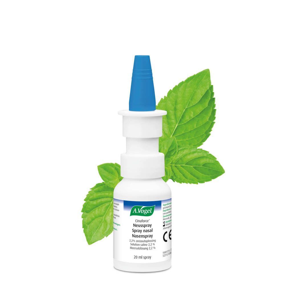 Flacon de spray nasal A.Vogel Cinuforce avec feuilles de menthe pour rhume et nez bouché.