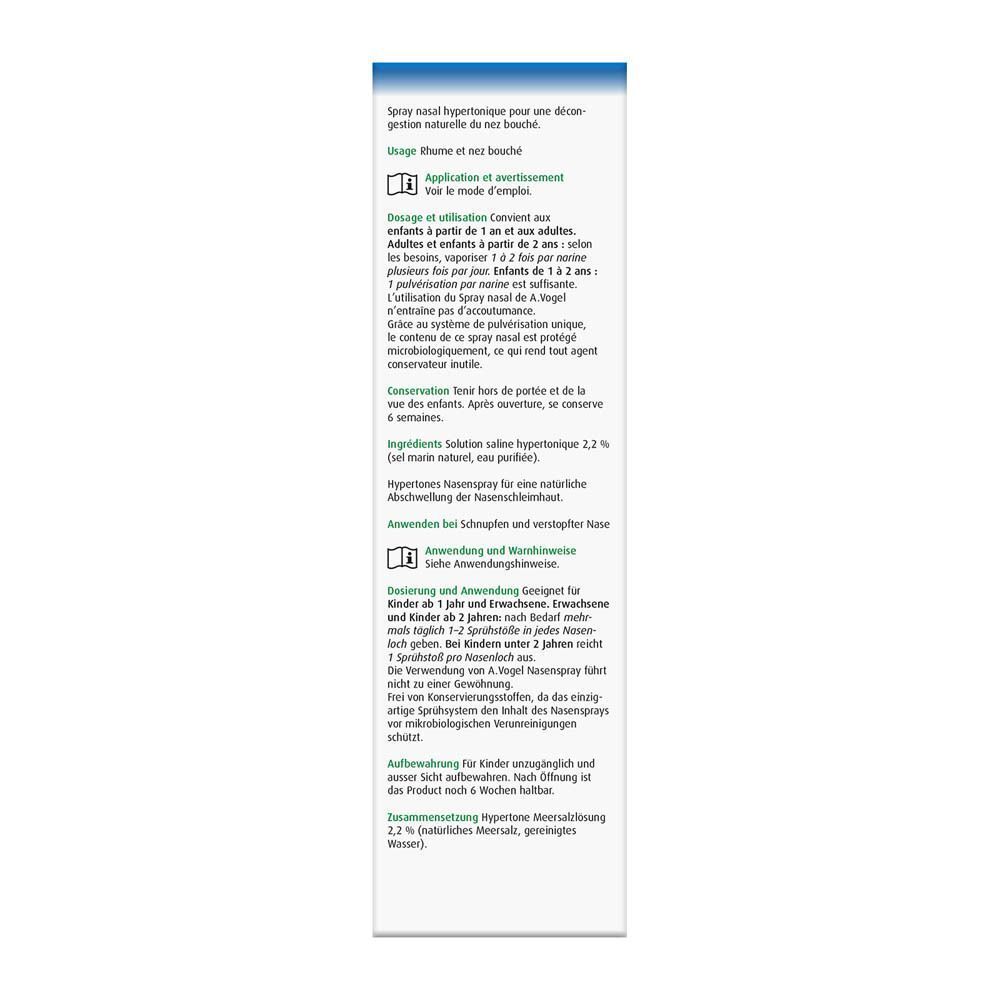 Arrière de l'emballage du spray nasal A.Vogel Cinuforce avec informations d'utilisation.