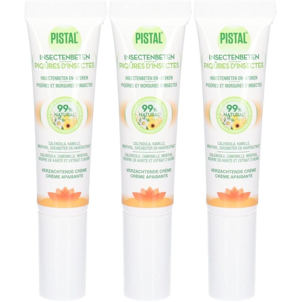 Trois tubes de crème PISTAL pour piqûres d'insectes, 99% naturelle, à la camomille et au calendula.