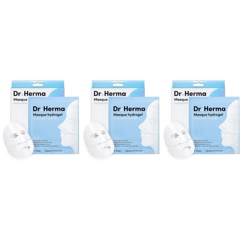 Drie pakken Dr. Herma Hydrogel Masker met gezichtsafbeelding.