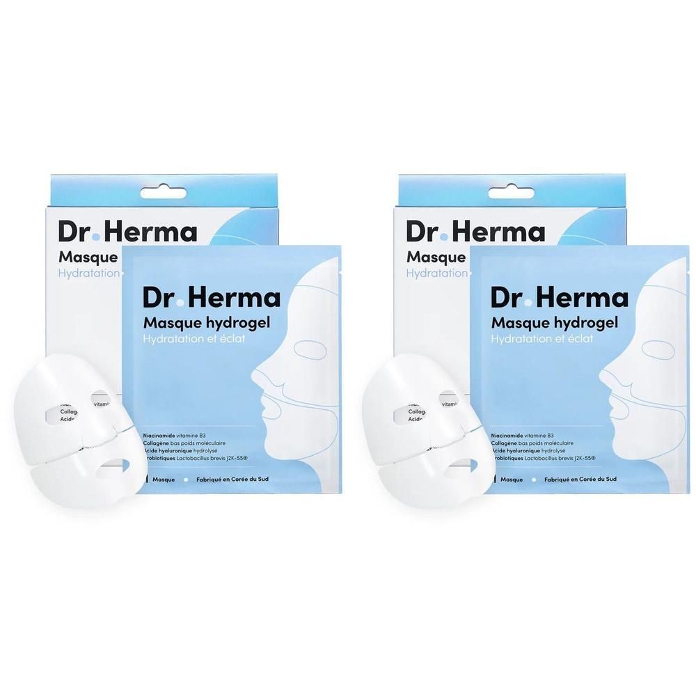 Twee pakken Dr. Herma Hydrogelmasker met collageen, elk met één individueel masker.
