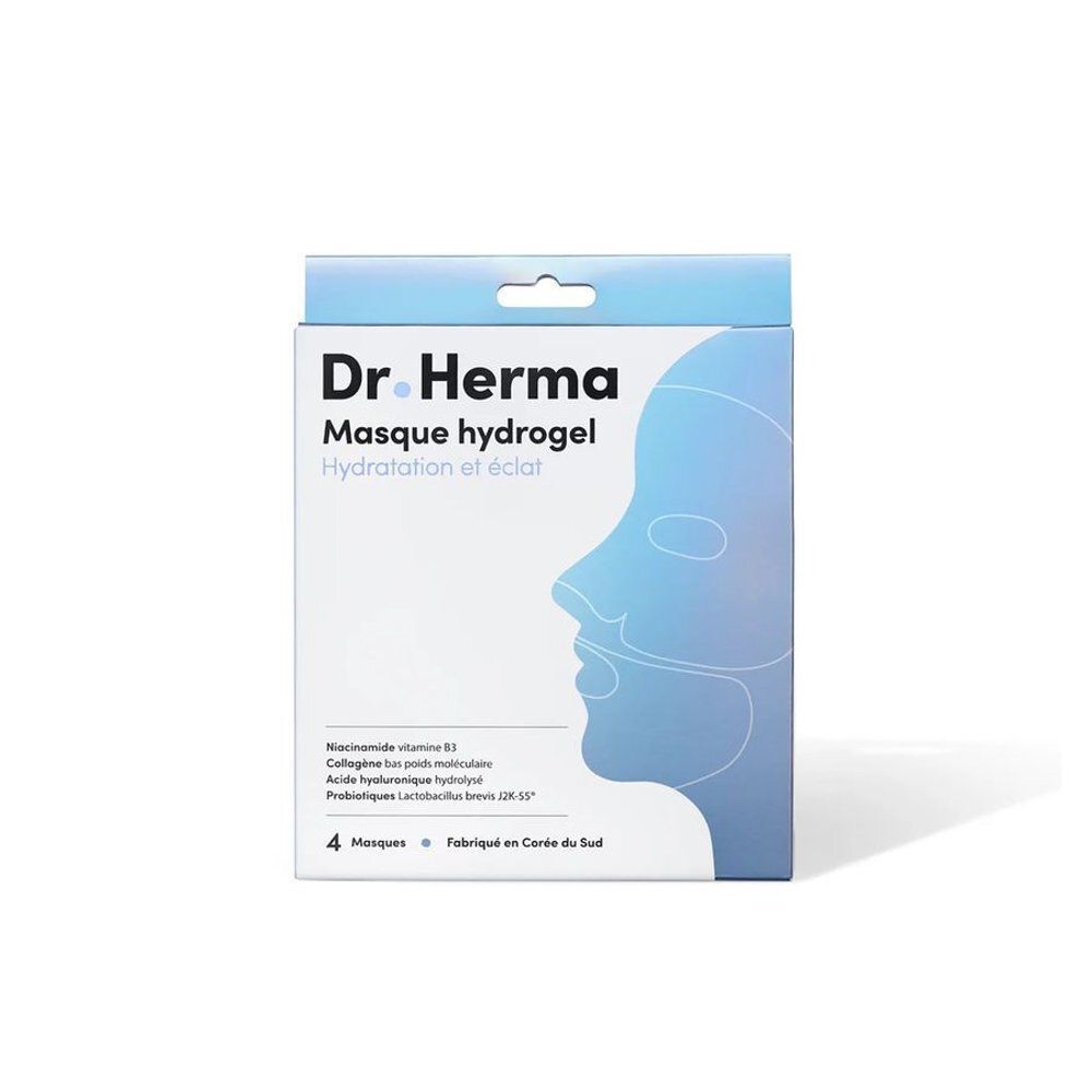 Eén pak Dr. Herma Hydrogelmasker met collageen, met een gezichtsafbeelding en productinformatie.