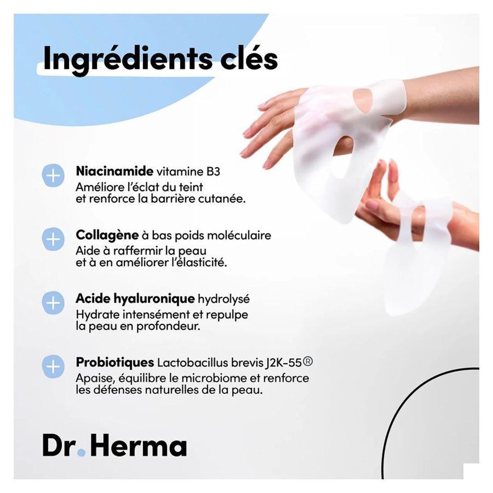 Twee handen die een Dr. Herma Hydrogelmasker met collageen vasthouden, klaar om op de huid aan te brengen.