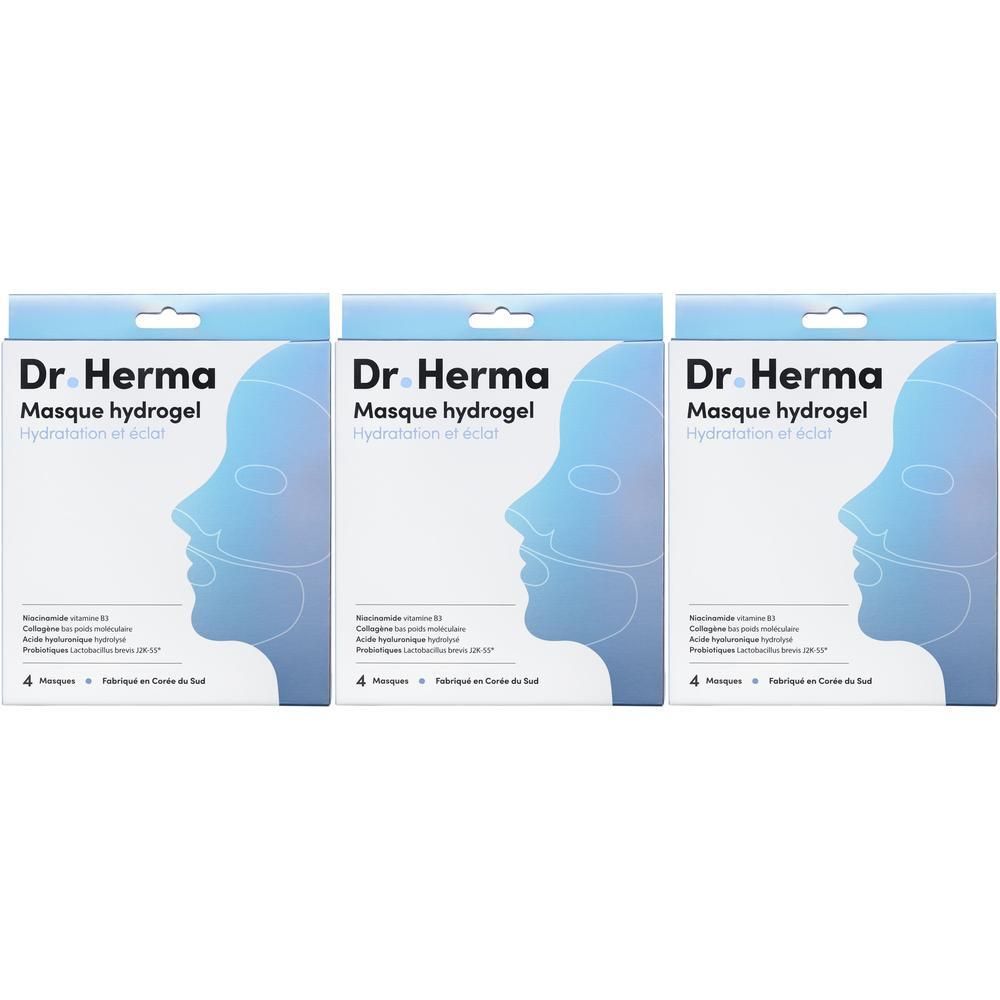 Drie pakken Dr. Herma Hydrogel Masker met collageen voor hydratatie en glans.