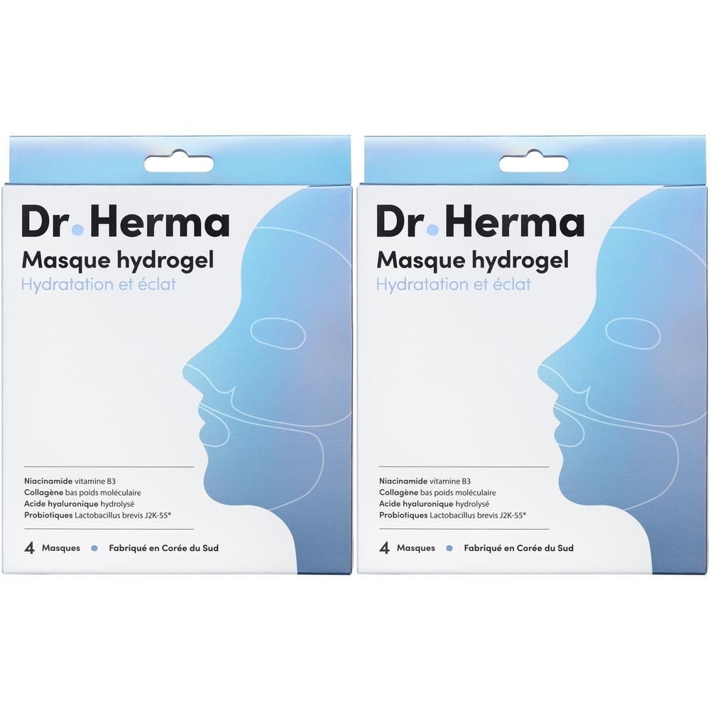 Twee pakken Dr. Herma Hydrogel Masker met collageen, niacinamide en hyaluronzuur. Elk pak bevat 4 maskers.