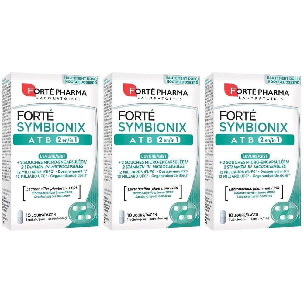 Drie pakken Forté Pharma Symbionix ATB 2-in-1, elk met 10 capsules.