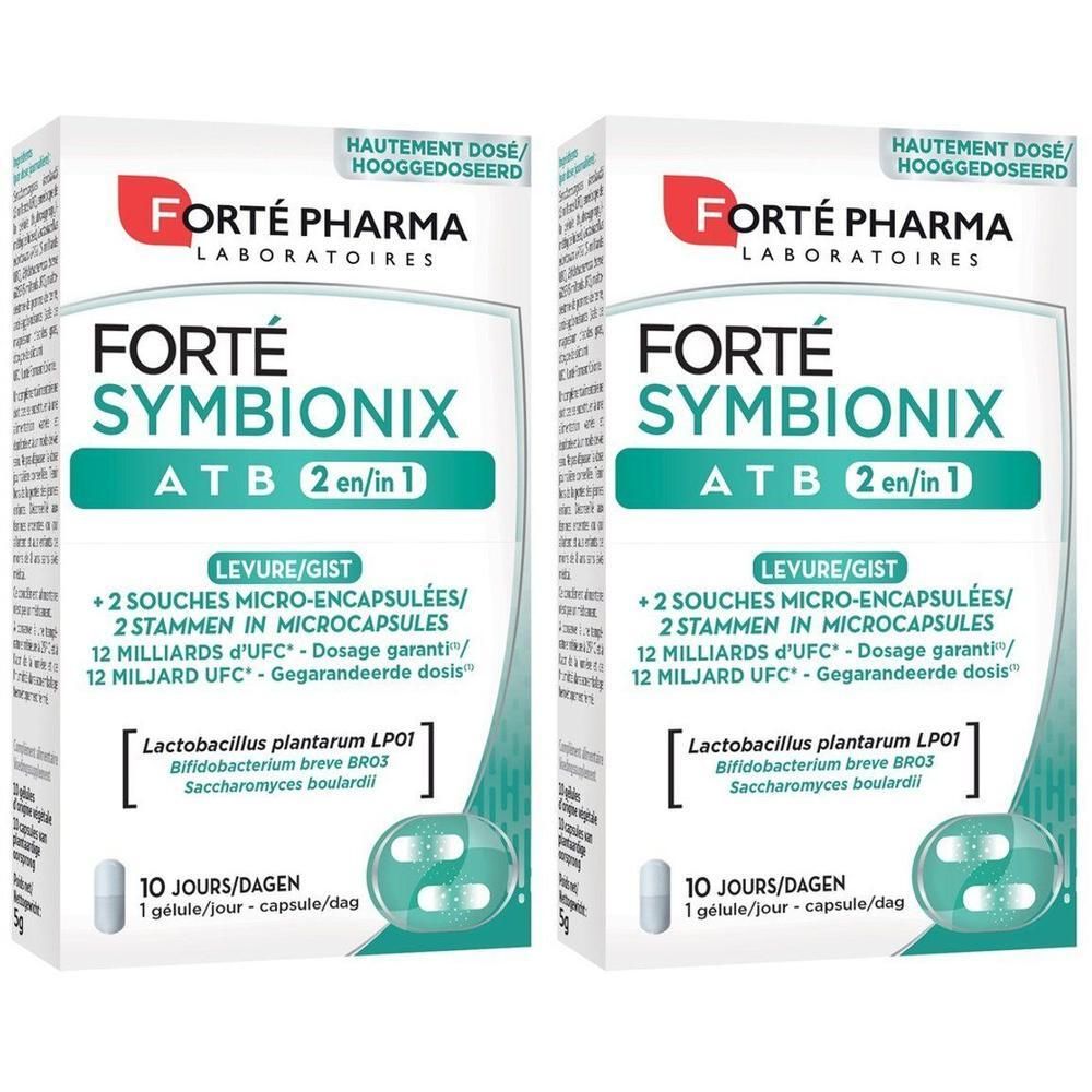 Twee pakken Forté Pharma Symbionix ATB 2-in-1, elk 10 capsules. Hoge dosis met 2 micro-ingekapselde stammen.