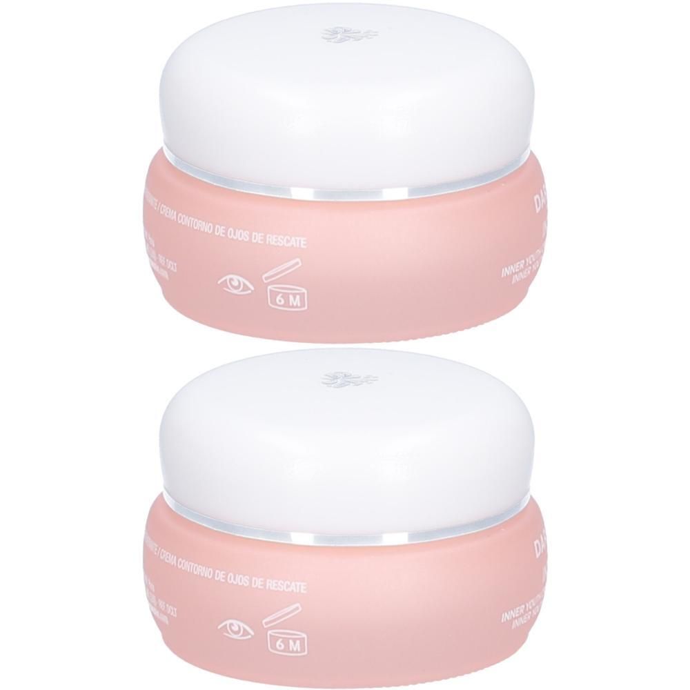 Twee Darphin Intral Inner Youth oogcrème potjes met witte deksels en roze containers.