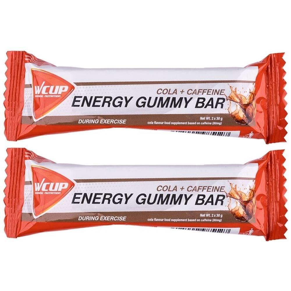 Twee WCUP Cola + Cafeïne Energy Gummy Bars, individueel verpakt.