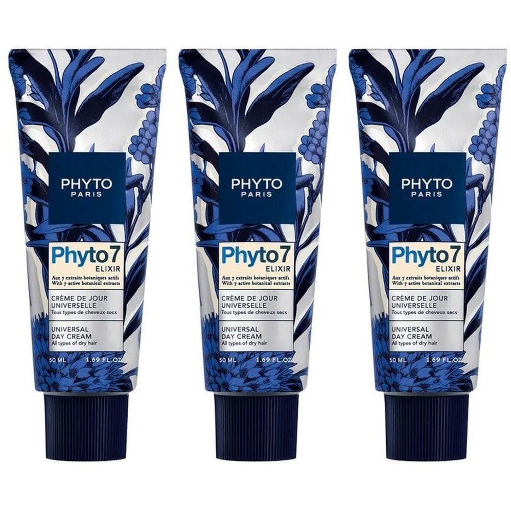 Drie tubes Phyto 7 Elixir Universele Dagcrème met blauw bloemenpatroon.