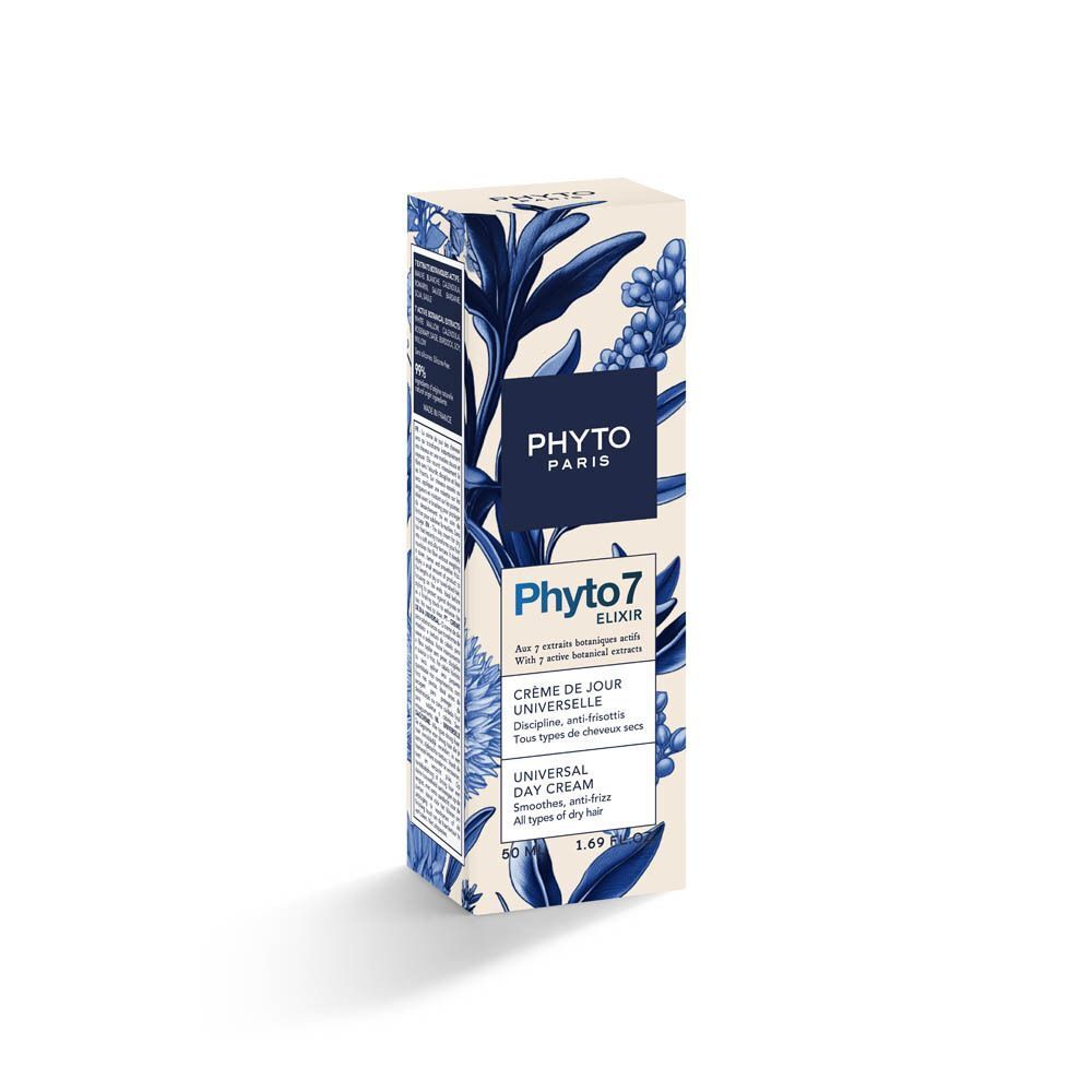 Een doosje Phyto 7 Elixir Universele Dagcrème met blauw bloemenpatroon.