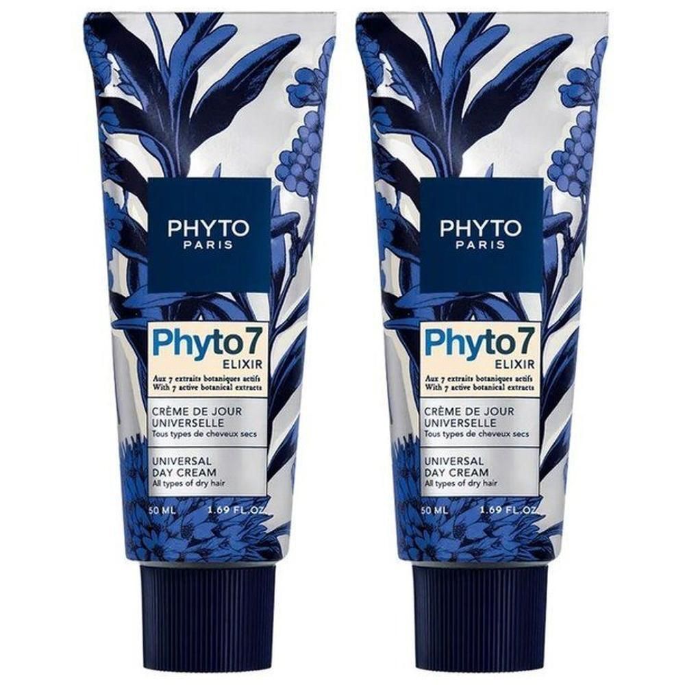 Twee Phyto Paris Phyto 7 Elixir Universele Dagcrème tubes met blauw bloemenpatroon.