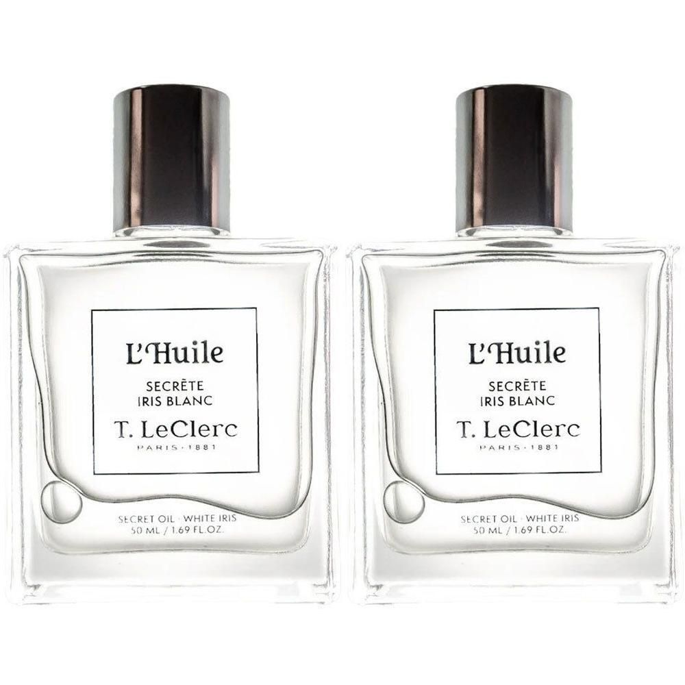 Twee flacons T. LeClerc L'Huile Secrète Iris Blanc, heldere vloeistof, zwarte dop.